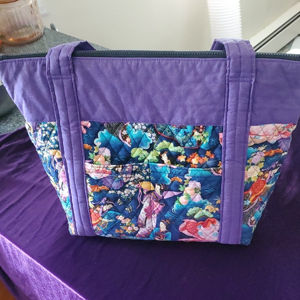 Quilted Purple Floral Tote Bag/Baby Bag with Sturdy Handles